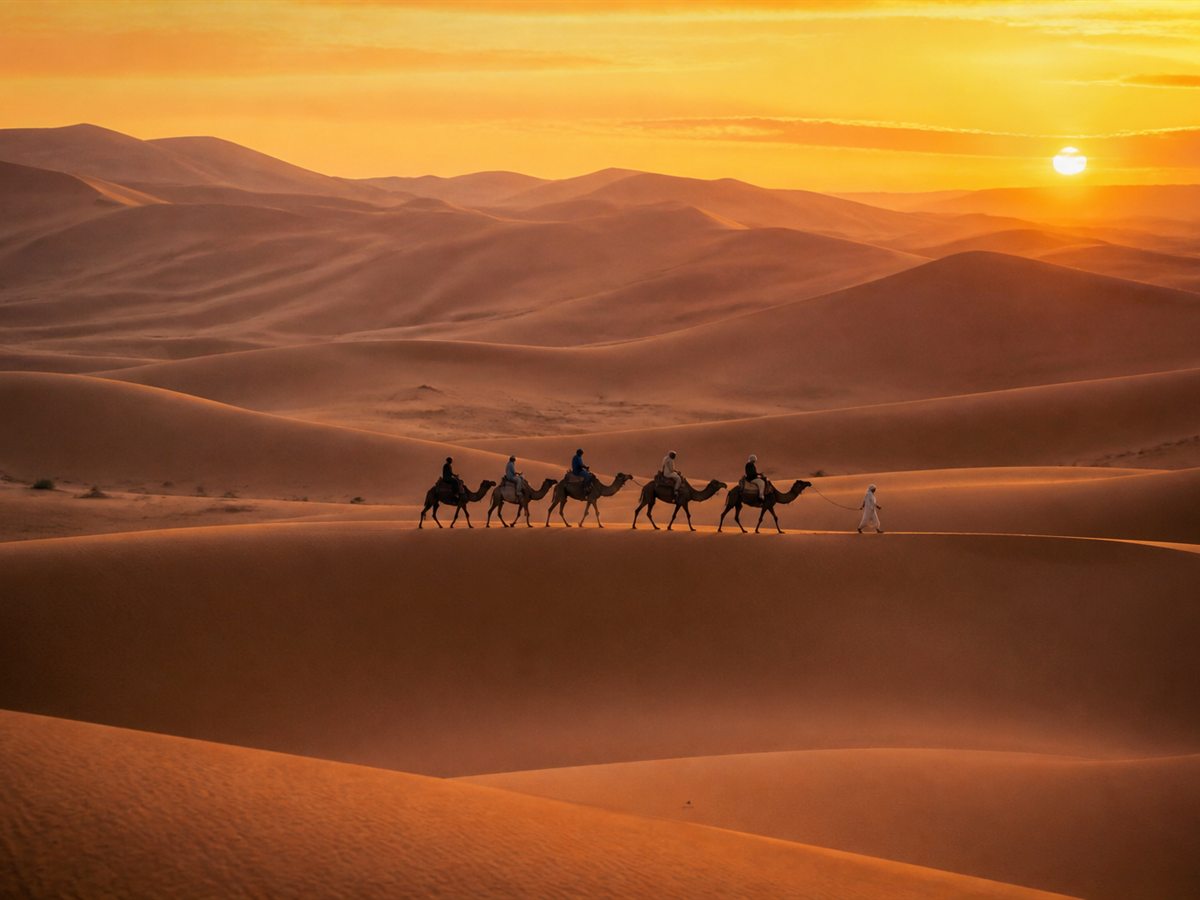 Camel caravan crossing the Sahara dunes at sunset